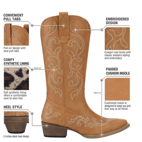 Alsoloveu Women's Embroidered Cowboy Boots - Western Snip Toe, Chunky Heel, Mid Calf, Pull-On - View #10